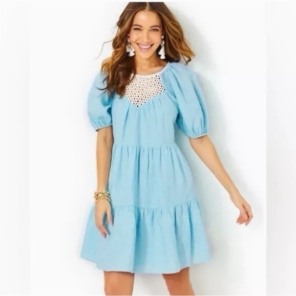 Lilly Pulitzer Charlet Short Sleeve Linen Blue Dress Size 2
